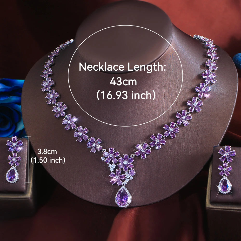 ThreeGraces Vintage Brilliant Pink Water Drop Zirconia Flower Shape Bridal Wedding Evening Party Jewelry Set for Women T1204