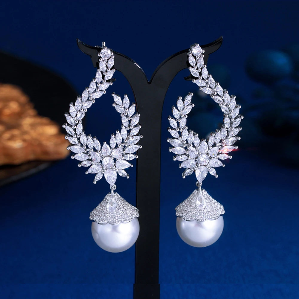ThreeGraces Elegant Shiny Cubic Zirconia Big Simulated Pearl Long Statement Bridal Earrings Women Wedding Party Jewelry E1936