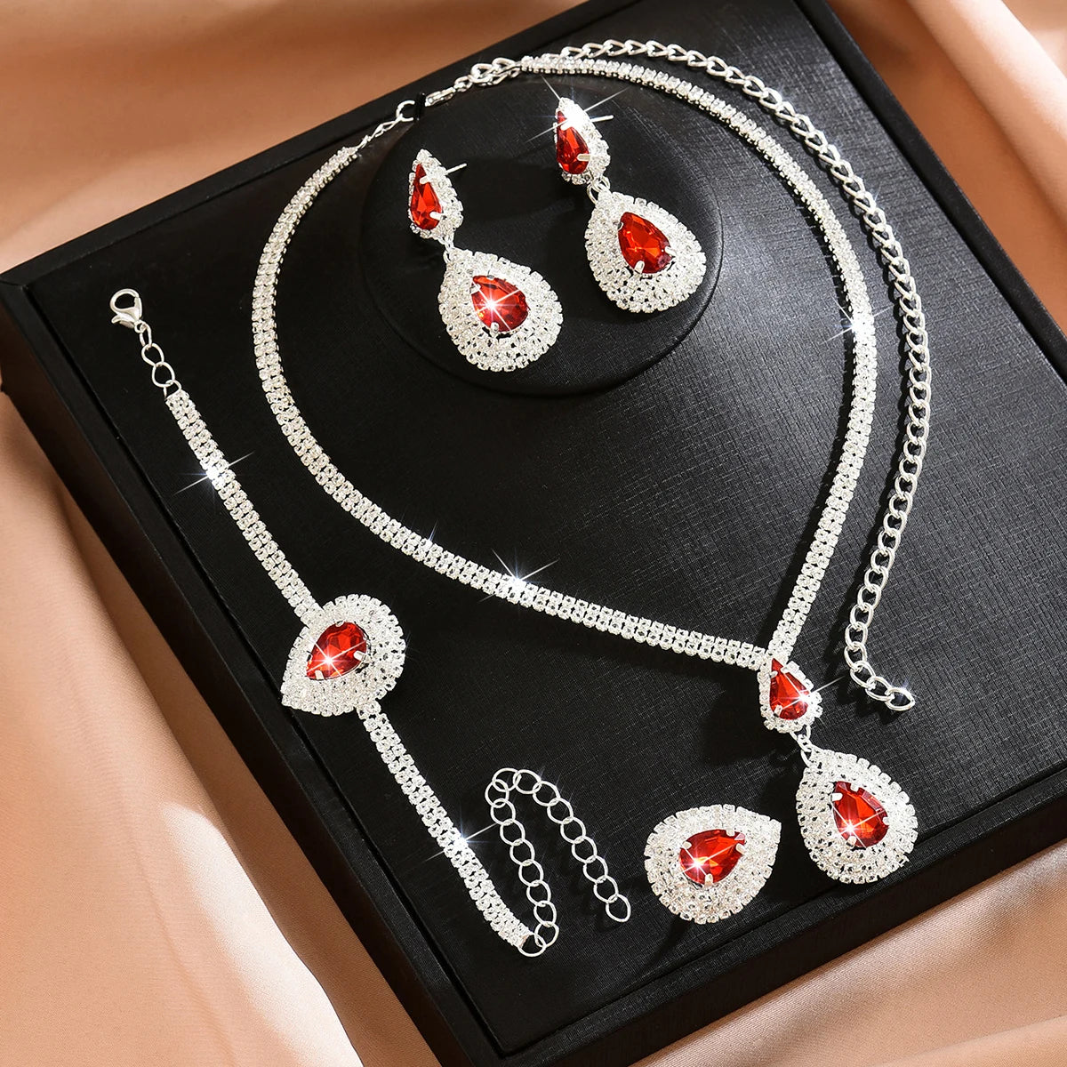 Environmentally friendly, high-quality, and stylish new sparkling multi-color necklace, earring, and bracelet three piece set