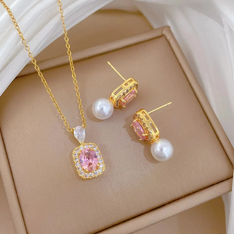 316L Stainless Steel Pink Crystal Pearl Charm Necklace Earrings For Women Girl New Trend Non-fading Jewelry Set Gift