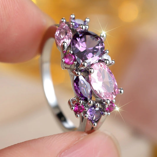 Trendy Female Pink Purple Water Drop Zircon Stone Fashion Vintage Silver Color Bridal Wedding Engagement Jewelry For Women