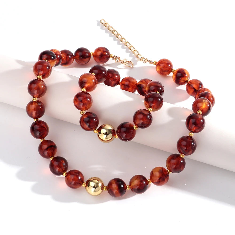 Trendy Acrylic Multicolor Round Beads Necklace Bracelet Set Resin Geometric Beaded Choker Necklaces 2026 Fashion Jewelry