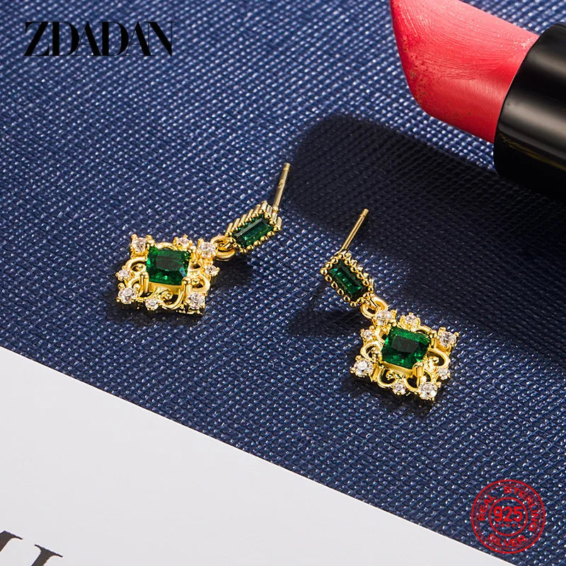 ZDADAN 925 Silver 18K Gold Square Emerald Drop Earrings For Women Wedding Jewelry