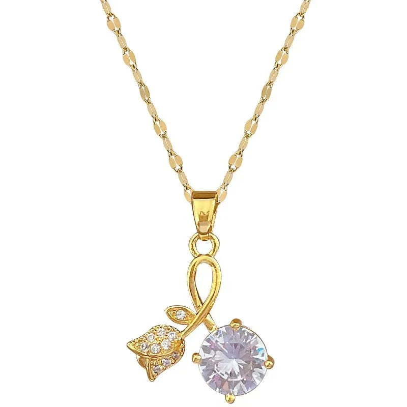 EILIECK Women's Trendy Floral Pink Zirconia Pendant Necklace Stainless Steel Neck Chain Daily Water-resistant Jewelry Lady Gift