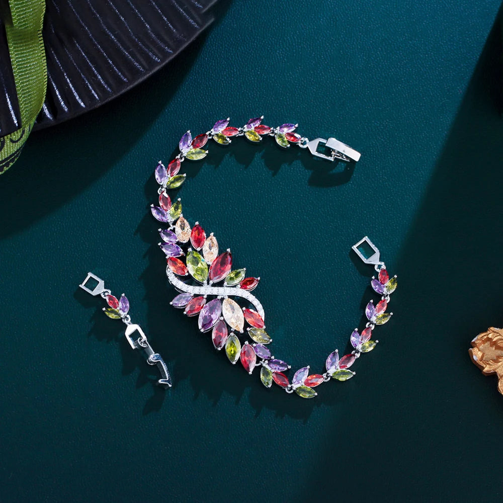 ThreeGraces Luxury Shiny Multicolor Zirconia Big Leaf Bracelet for Women Fashion Bridal Wedding Evening Party Jewelry BR402