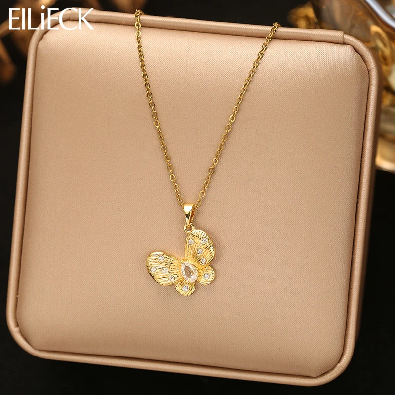 EILIECK Stainless Steel Exquisite Butterfly Zirconia Pendant Necklace For Women Fashion 18K Gold PVD Plated Daily Jewelry Gift