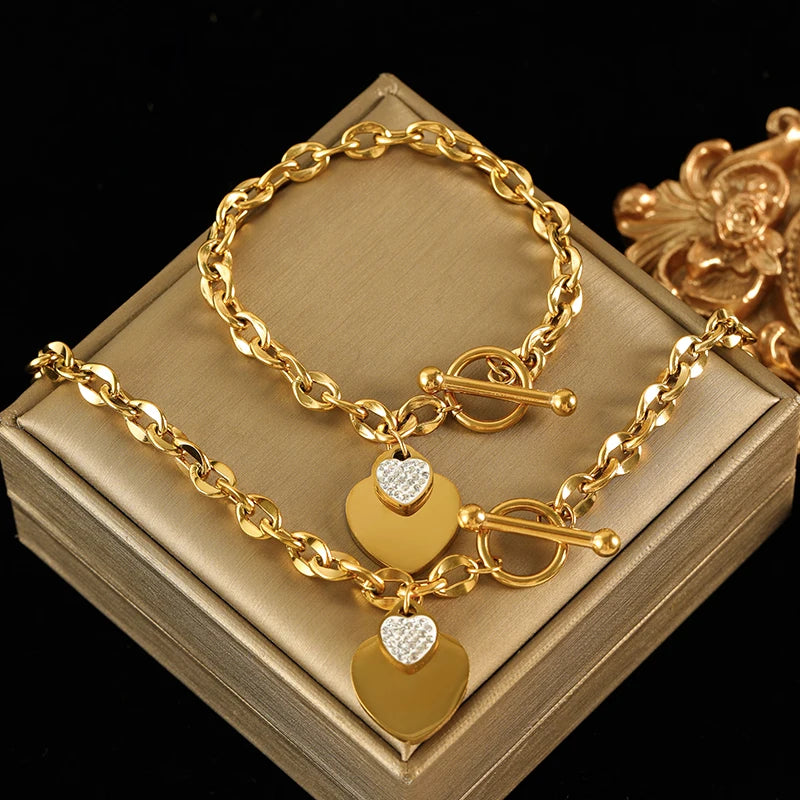 EILIECK New Fashion Stainless Steel Metal Double Heart Necklace Bracelet Set  For Women Waterproof Silver Color Jewelry Gift