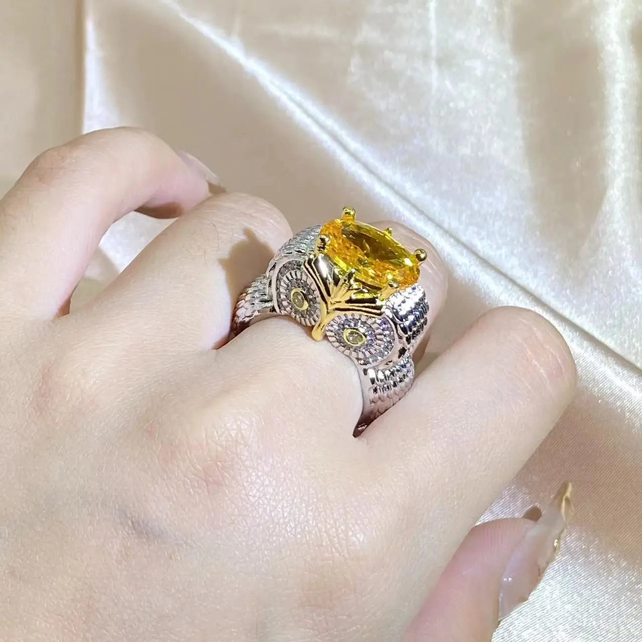 2022 New Exaggerated Large Owl Shape Orange Zirconia Ring Women 925 Stamp Party Travel Birthday Jewelry Gift
