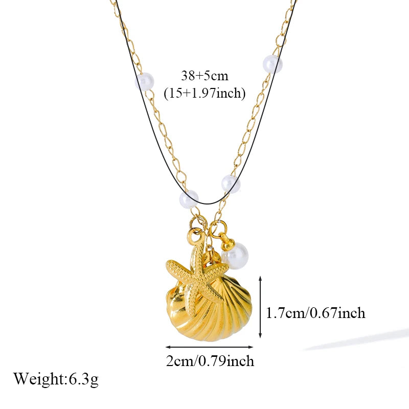 EILIECK 316L Stainless Steel Shell Starfish Pearl Pendant Necklace For Women Fashion New Party Gift Charm Neck Chain Jewelry