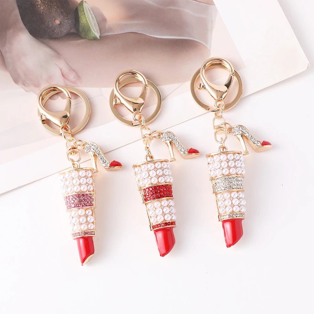 Elegant Ladies Lipstick Keychain High Heels Pendant Car Keyring Pearl Rhinestone Inlaid Metal Accessories