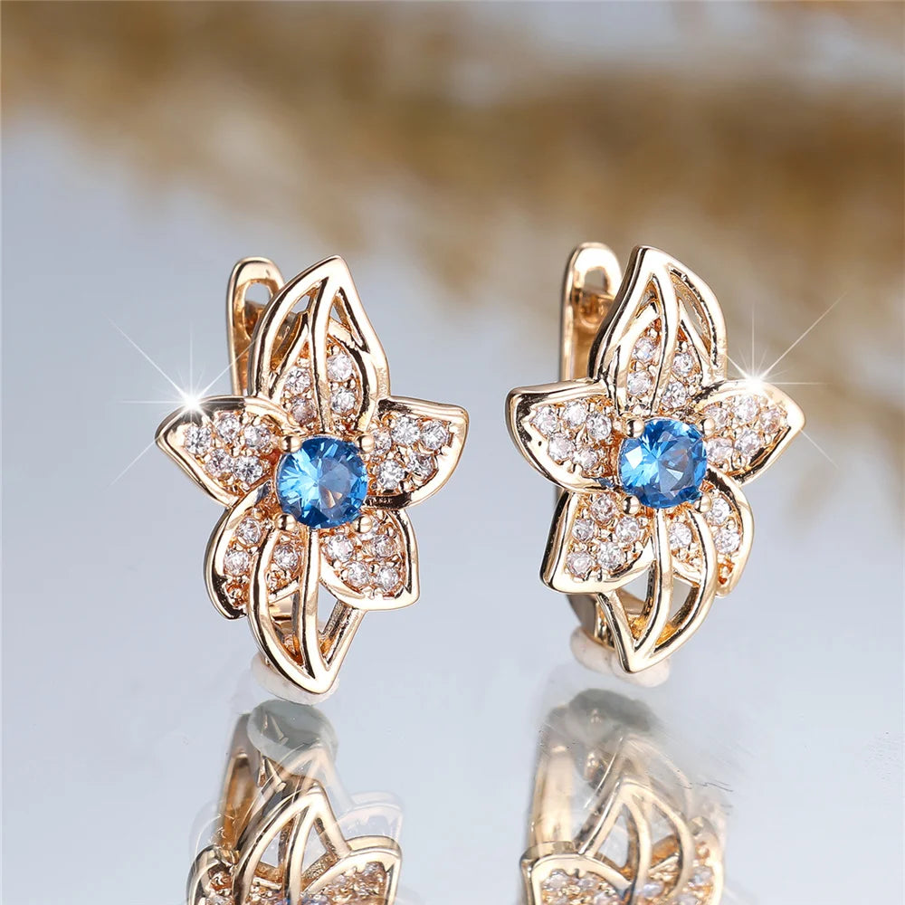 Cute Water Blue Red Zircon Hoop Earrings Female Luxury Crystal Rose Gold Color Wedding Jewelry For Women