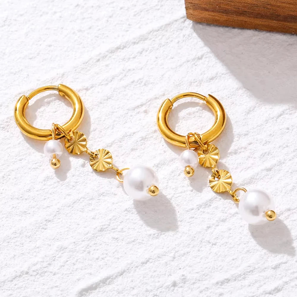 Fashion Round Pearl Pendant Earrings Wedding for Women Waterproof Statement 18K Gold Stainless Steel Hoop Earrings Trend Jewelry