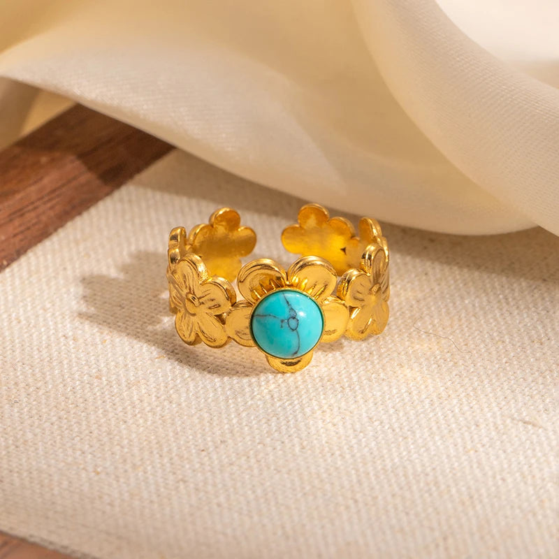 ANENJERY 316L Stainless Steel Flower Inlaid Colorful Stone Open Ring for Women Men Beauty Delicate Jewelry Gifts Wholesale
