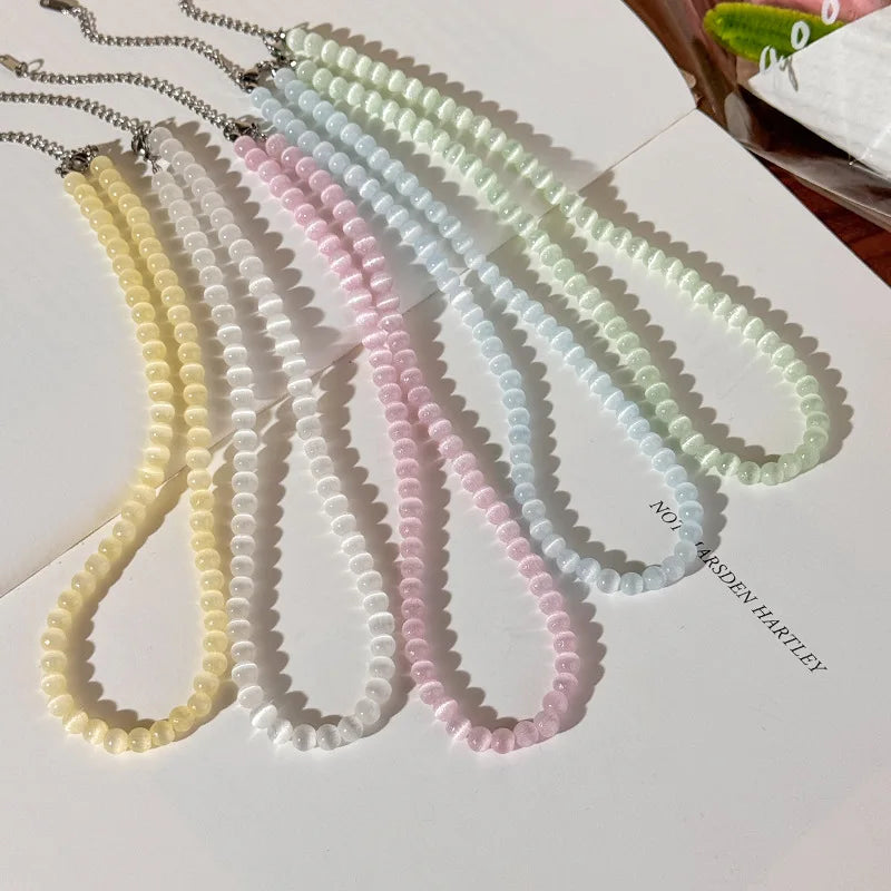 2026 Summer Trendy Candy Color Crystal Opal Beaded Cat's Eye Stone Bead Choker Necklace For Women Fashion Aesthetic Accessories