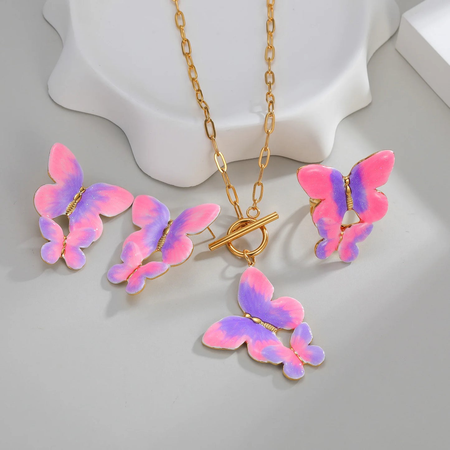 Freeteeme Stylish Dripping Oil Gradient Butterfly Necklace Ring Earrings Jewelry Set for Women Mom Gold Plated Birthday Gifts