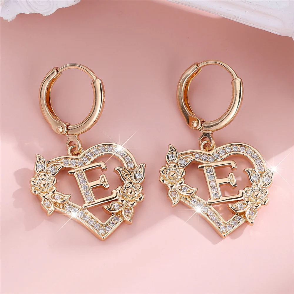 Female A-Z 26 Letter Heart Flower Hoop Earrings Yellow Gold Color White Zircon Wedding Jewelry For Women