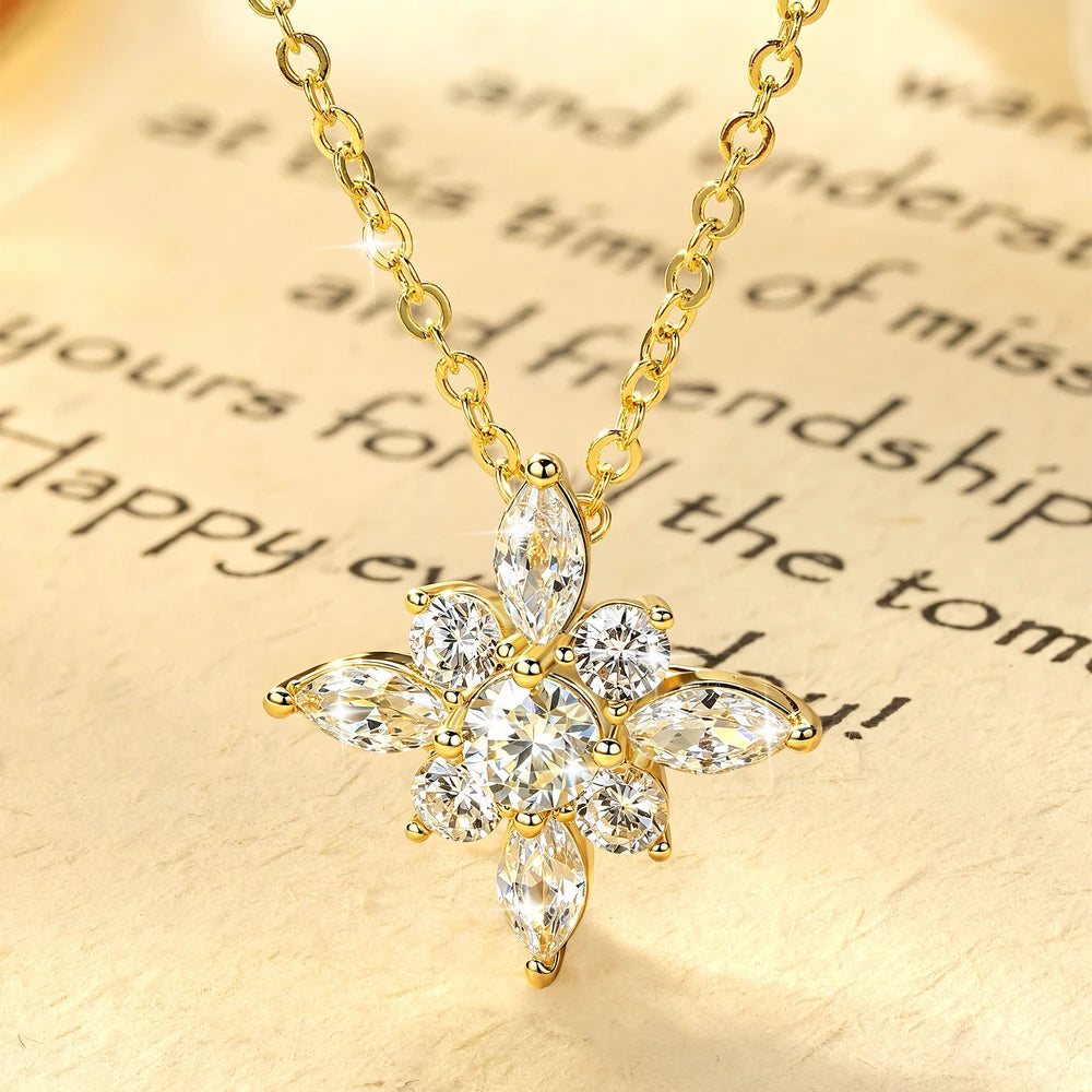 OXTAO Snow Star Moissanite Pendant Necklace 4mm D VVS1 For Women 14K Gold Filled Luxury Sparkling Charm Necklace Jewelry Gifts