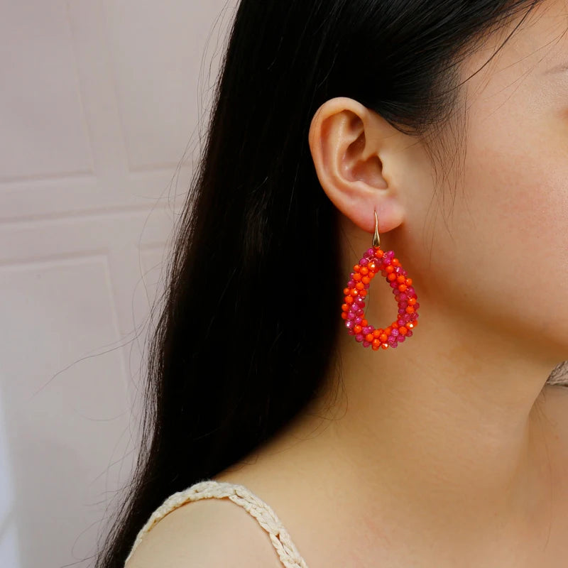 Badu Colorful Beaded Dangle Earrings for Women Boho Handmade Crystal Faceted Beads Teardrop Earrings Statement Fashion Jewelry