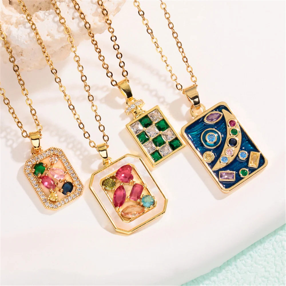 Boho Small Moon Square Charm Female Rainbow Zircon Fashion Pendant Necklace Gold Color Wedding Jewelry For Cute Luxury Women