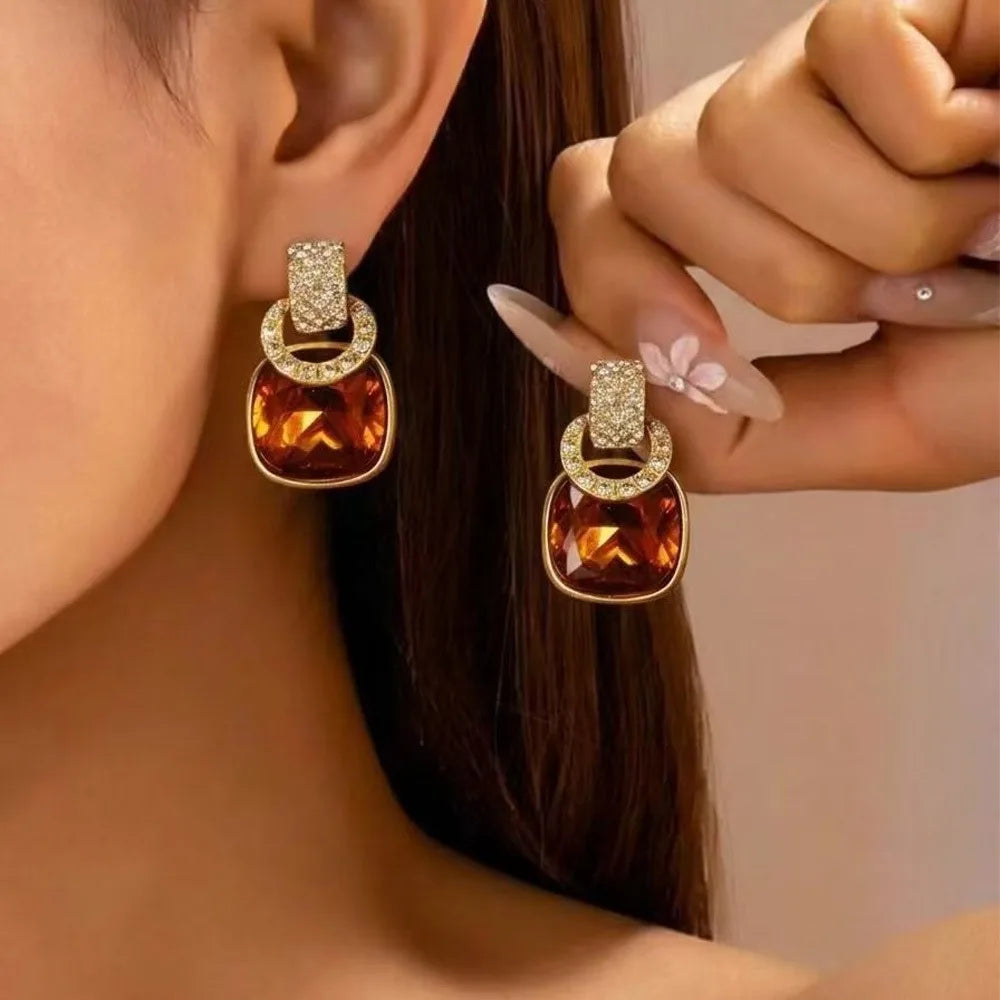 Retro Luxury Fashion Purple Square Sugar Ring Buckle Earrings for Women's High-End Accessories for Daily Commuting, Parties