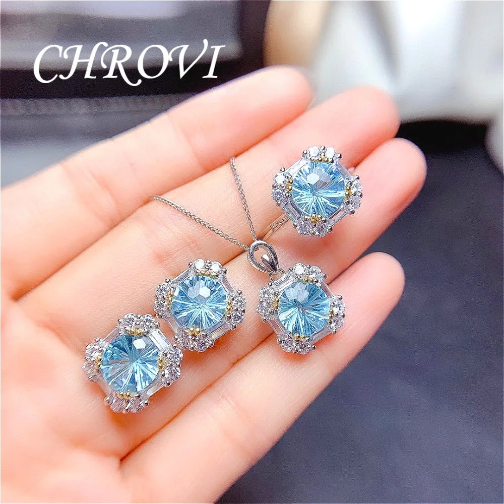 Light luxury 925 sterling silver popular diamond ring blue topaz ring pendant earring set， jewelry for women