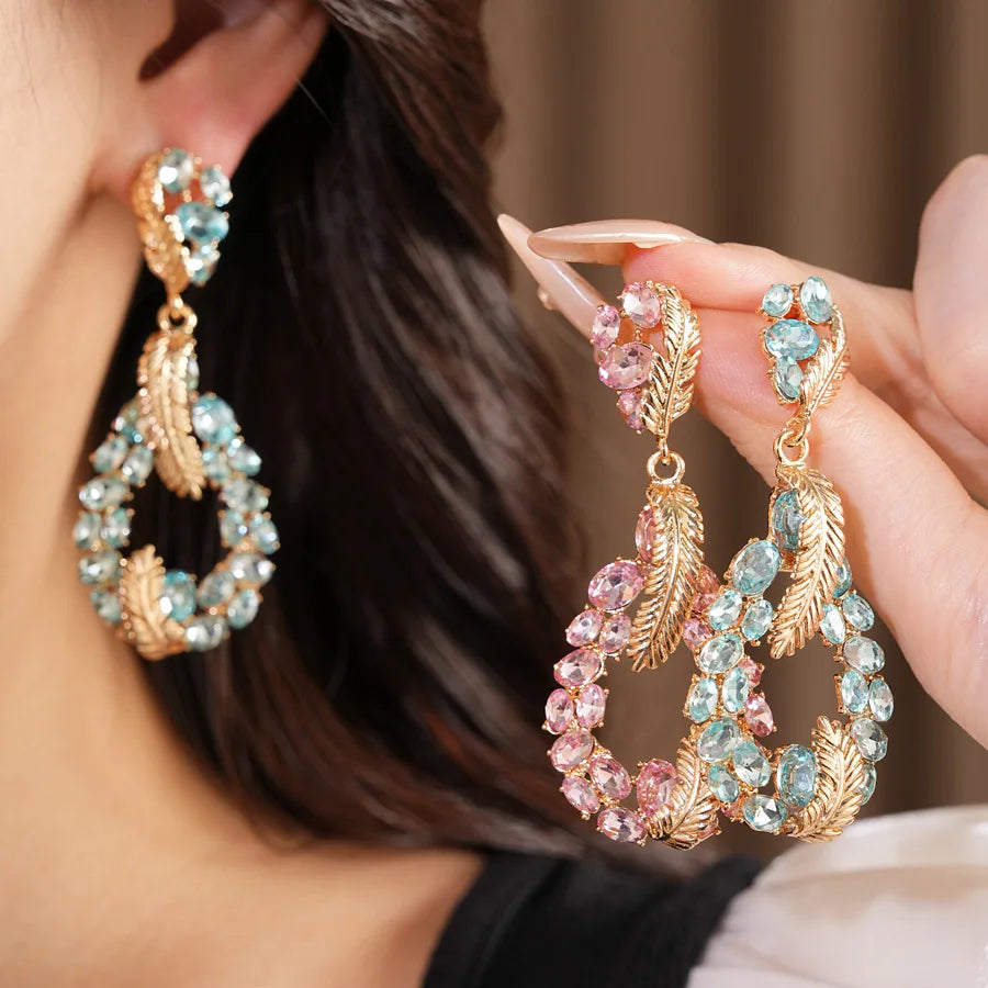 Vintage Rhinestone Inlaid Feather Drop Earrings Retro Style Light Luxury High Grade Elegant Exquisite Stud Ear Jewelry For Women
