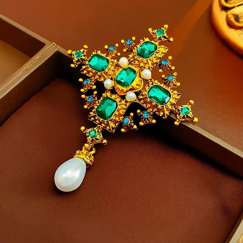 Vintage Cross Brooch for Women Geometric Green Crystal Pearl Pendant Jewelry Accessories