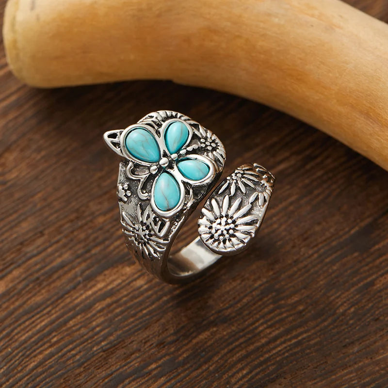 Vintage Bohemian Faux Turquoise Ring Fashion Butterfly Skeleton Ring Fashionable Temperament Ethnic Style Women's Jewelry