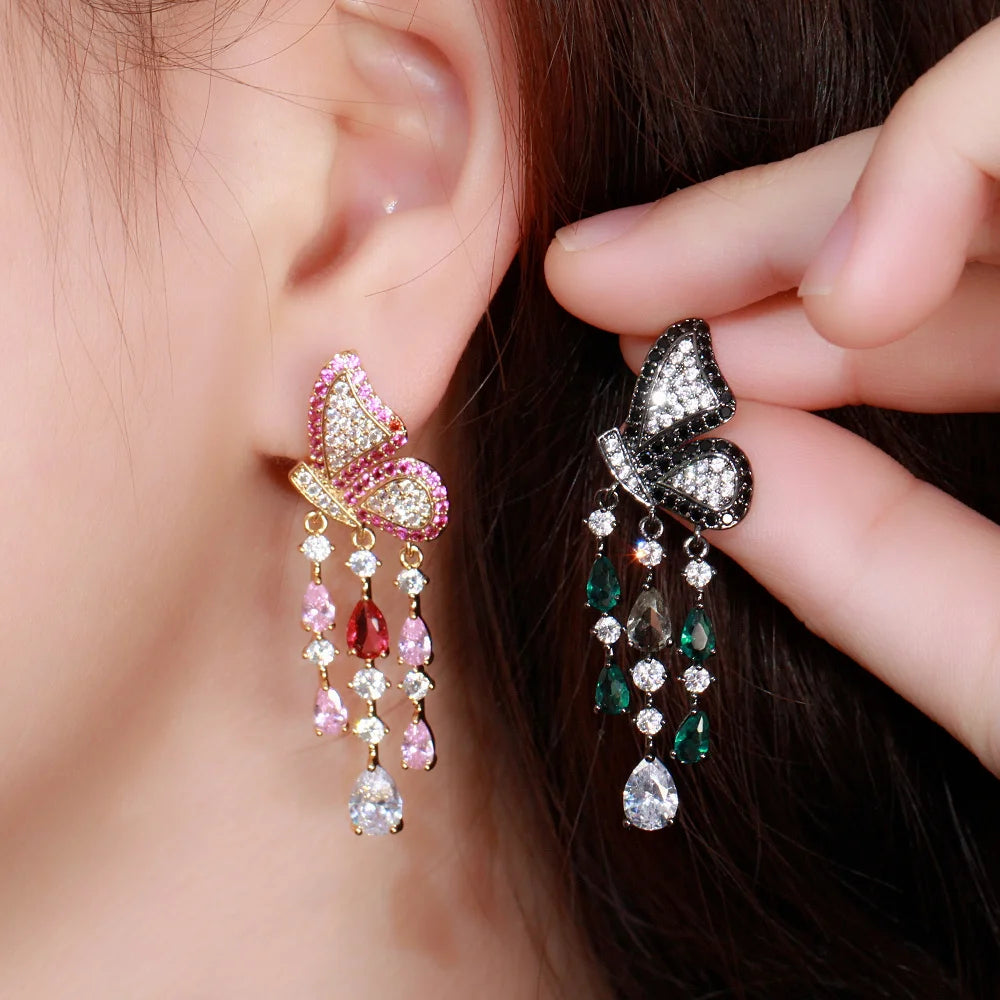 ThreeGraces Elegant Black Cubic Zirconia Butterfly Shape Long Dangle Tassel Earrings for Women New Fashion Party Jewelry E1281