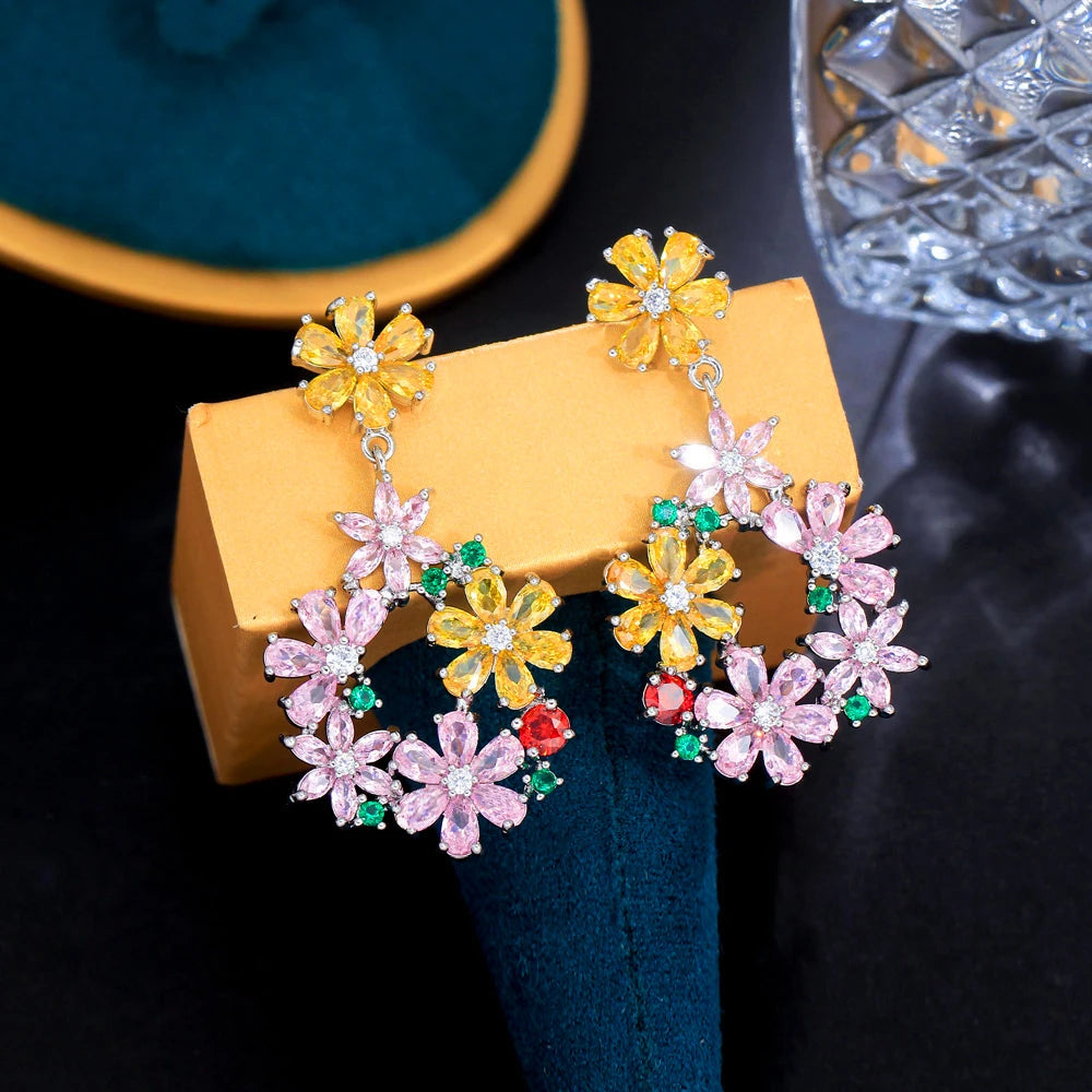 ThreeGraces Pink Yellow Cubic Zirconia Stone Cluster Flower Shaped Long Dangle Earrings for Women Evening Party Jewelry E2112