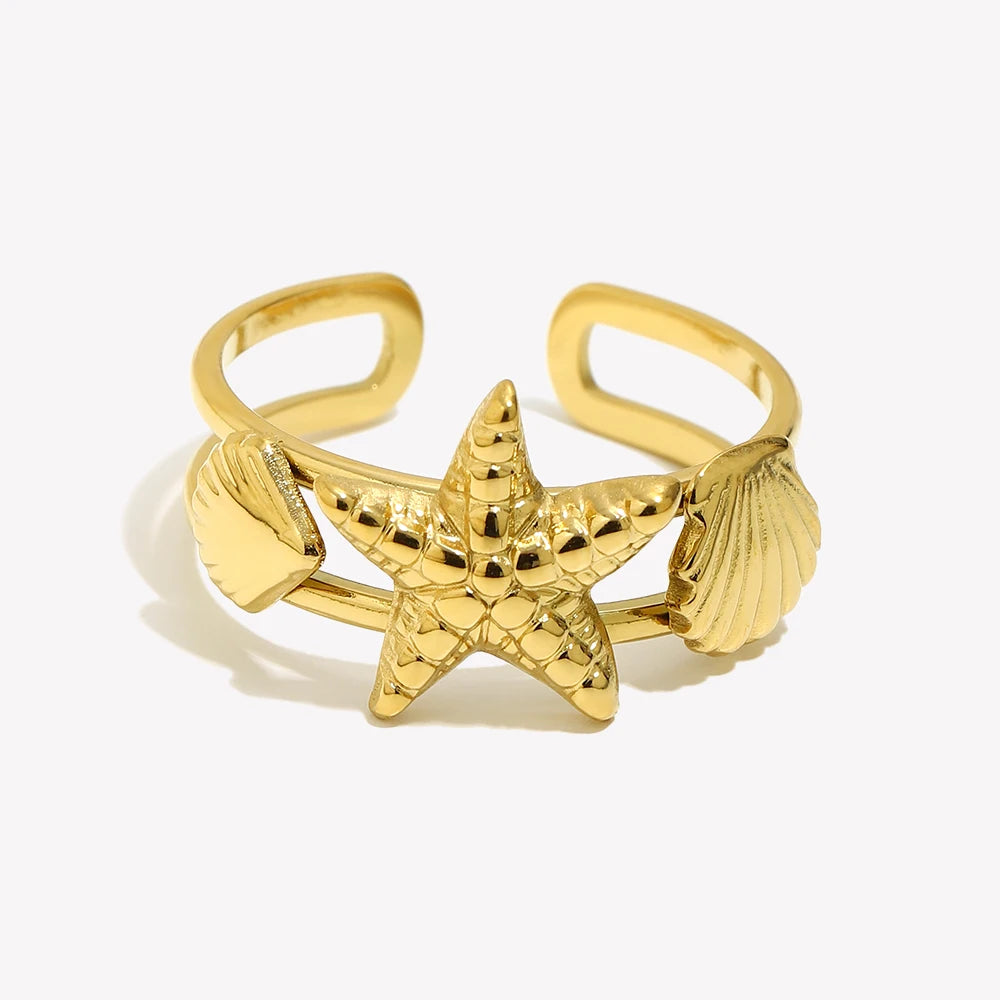 E.B.belle Ocean Style Double Layer Starfish Shell Opening Ring For Women Stainless Steel Gold Plated Vacation Chic Jewelry