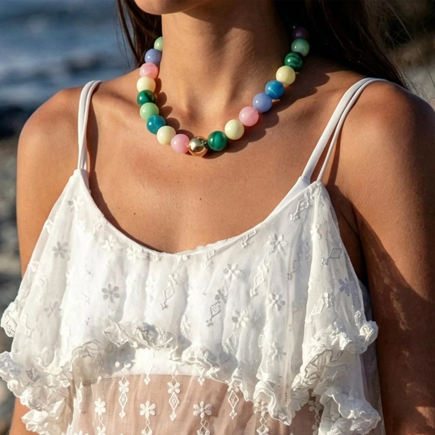 Double Color Round Beads Resin Necklace for Women Bohemian Style Waterproof Statement Choker Collar Necklaces Fashion Jewelry