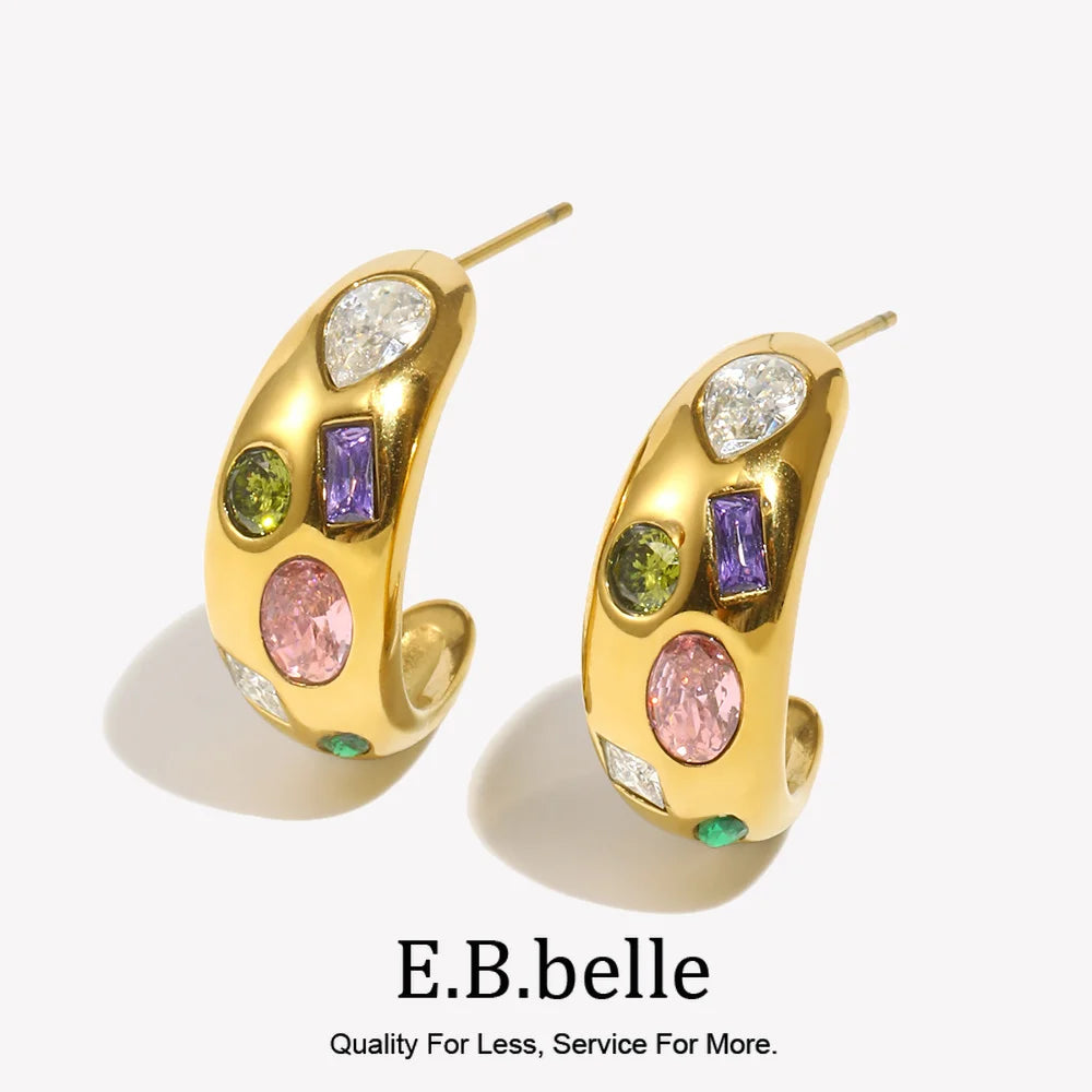 E.B.belle Geometry Colorful Zircon C-shpaed Stud Earring Basic Fahsion Stainless Steel Women Jewelry Waterproof Hypoallergenic