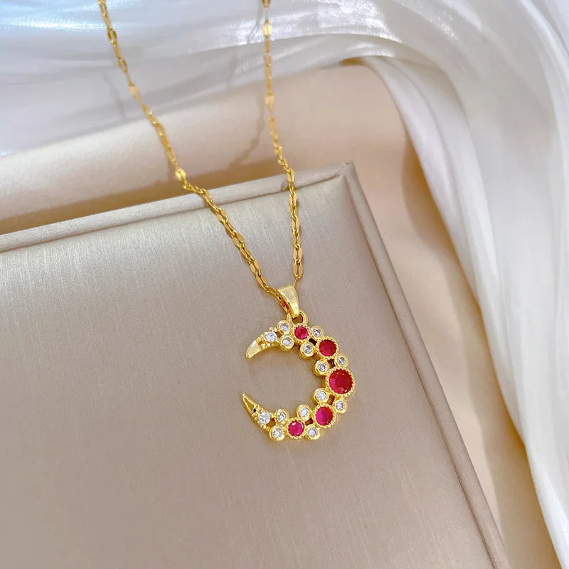 316L Stainless Steel Bending Moon Pendant Necklace For Women Girl New Trend Gold Color Crystal Neck Chain Jewelry Gift