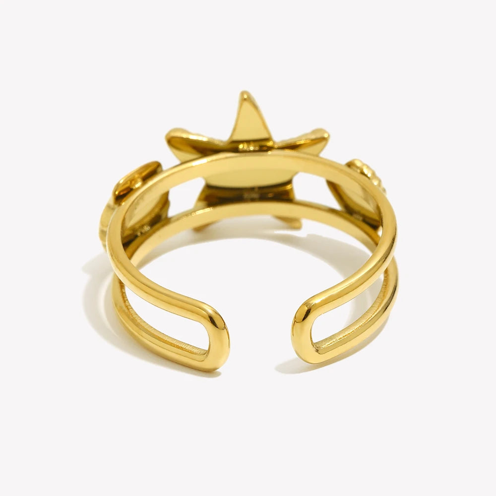 E.B.belle Ocean Style Double Layer Starfish Shell Opening Ring For Women Stainless Steel Gold Plated Vacation Chic Jewelry
