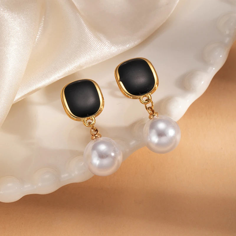 ANENJERY 316L Stainless Steel Geometric Elliptical Drop Glazed Enamel Pearl Earring For Women Fashion Luxury Niche Jewelry Gift