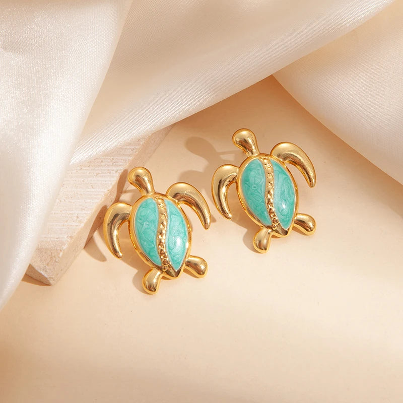 ANENJERY 316L Stainless Steel Colorful Stripes Turtle Earrings For Women Niche Design Unique Cute Jewelry Gifts Wholesale