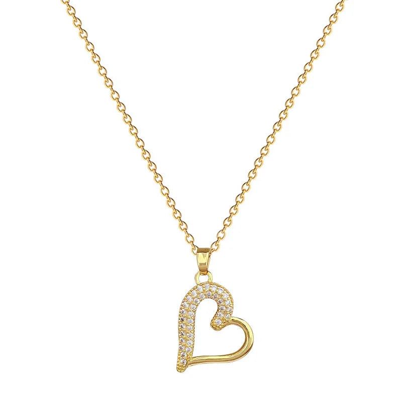 Luxury Heart Necklace for Women Full Paved Bling Cubic Zirconia 14k Gold Color Exquisite Necklace Female Wedding Jewelry