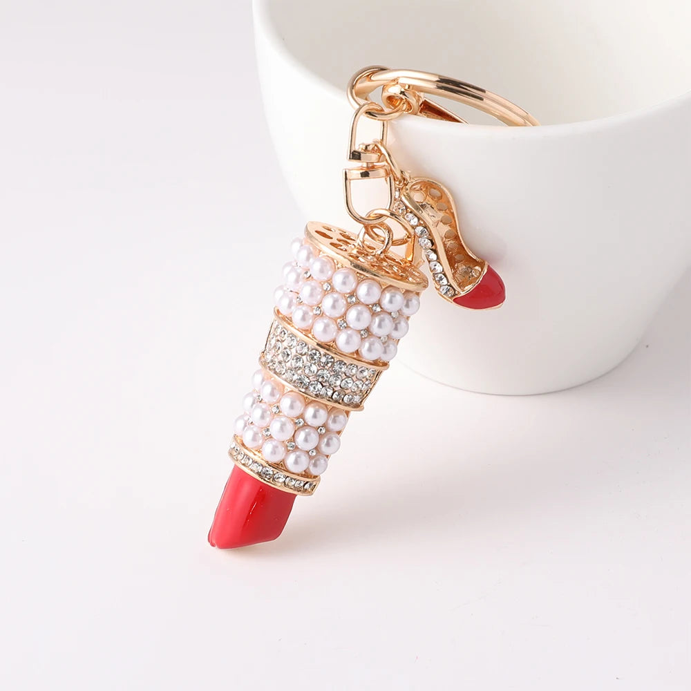 Elegant Ladies Lipstick Keychain High Heels Pendant Car Keyring Pearl Rhinestone Inlaid Metal Accessories