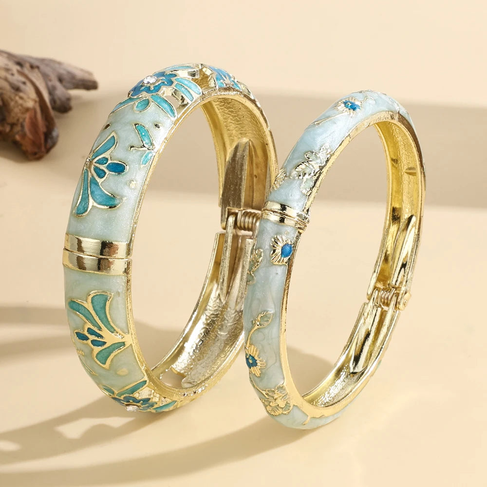 Jardme 1PCS Wide Hollow Enamel Bracelet For Women Vintage Indian Chinese Luxurious Cloisonne Bangles Women's Daily Jewelry
