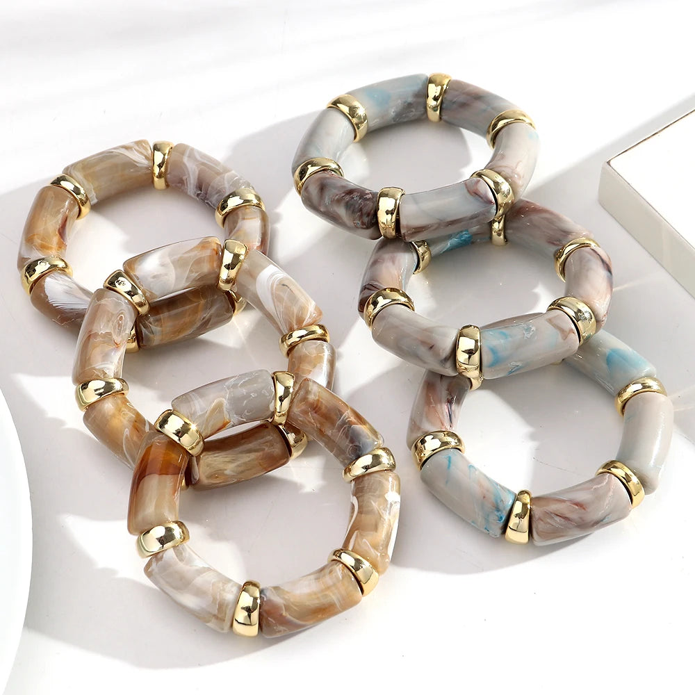 3pcs Fashion Chunky Tube Beaded Elastic Bangle Bracelets Acrylic Marbled Geometric Curved Beaded Bracelet Vintage Jewelry Gifts
