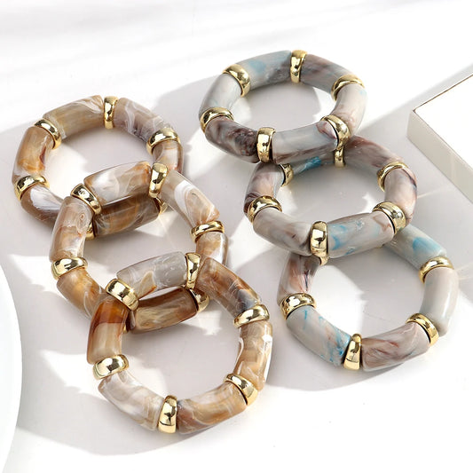 3pcs Fashion Chunky Tube Beaded Elastic Bangle Bracelets Acrylic Marbled Geometric Curved Beaded Bracelet Vintage Jewelry Gifts