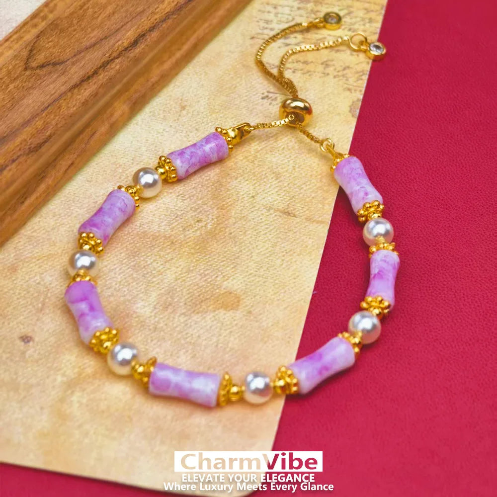 Dainty purple Stone Bamboo Beaded Bracelet for Women Golden Pearl Adjustable Drawstring Bracelet Wedding Party Jewelry Gift