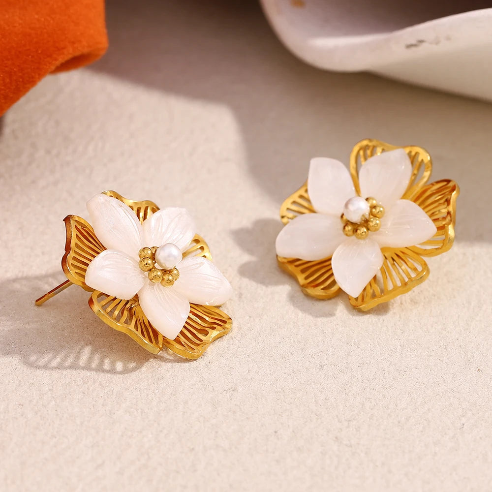 E.B.belle Double Layer Shell Flower Stud Earring PVD Plated Stainless Steel Waterproof Hypoallergenic Women Jewelry Accessories