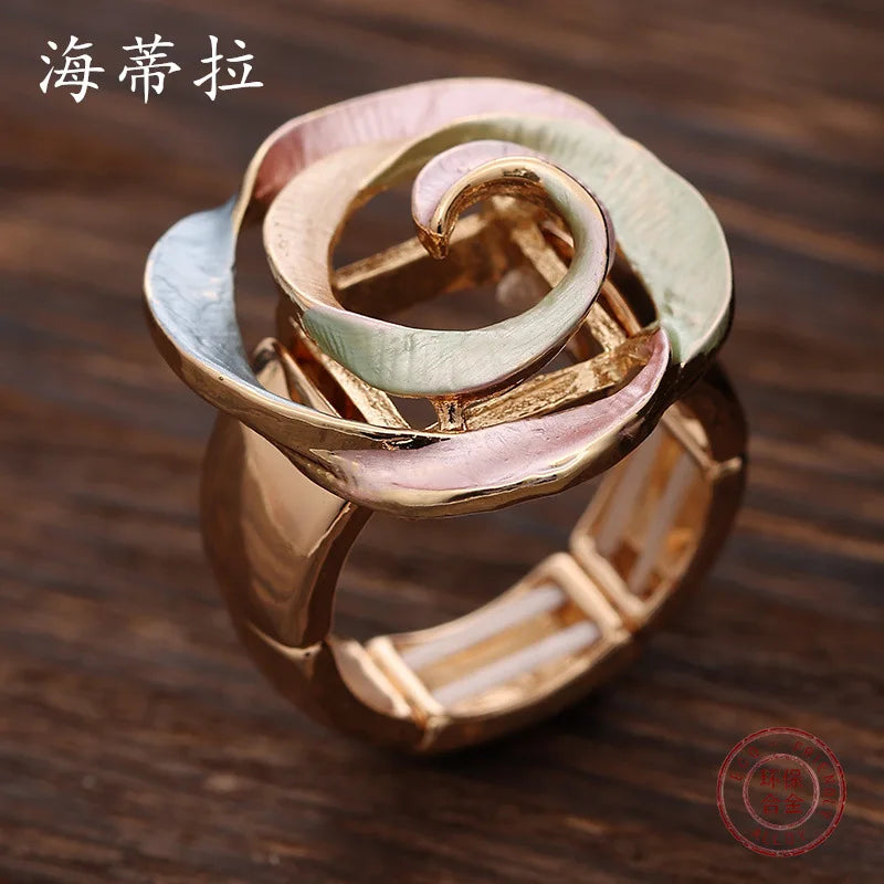 new color painting oil geometric hollow rose elastic ring, fashionable versatile women's alloy ring