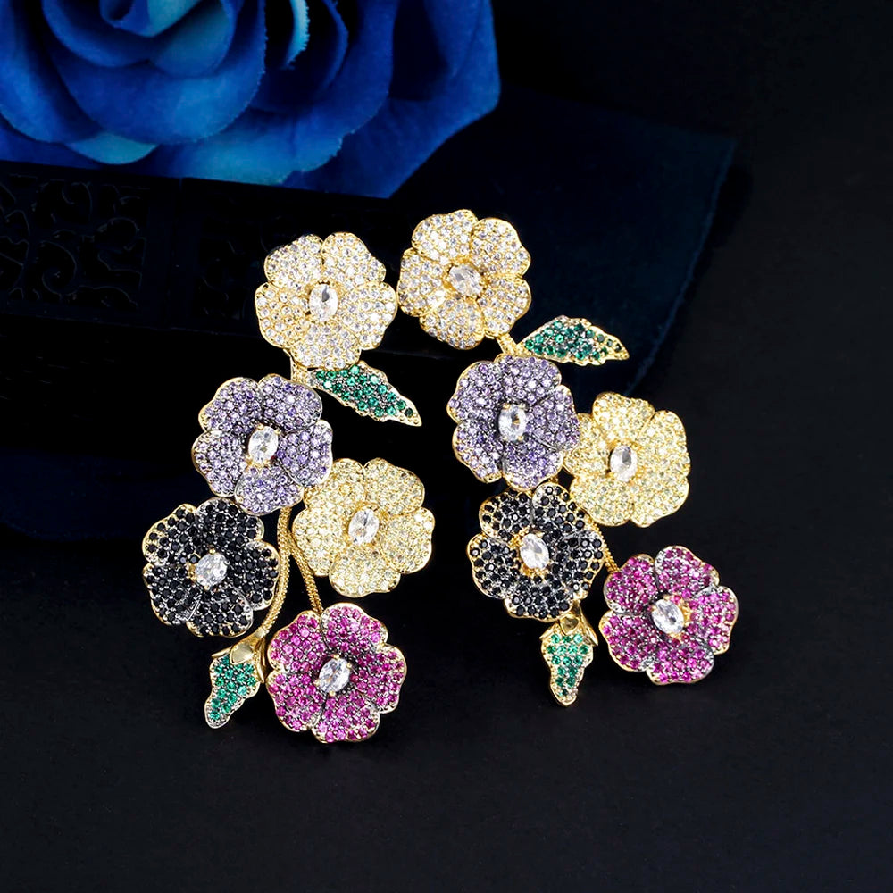 ThreeGraces Beautiful Cubic Zirconia Long Multicolor Flower Dangle Drop Earrings for Women Trendy Wedding Party Jewelry ER846