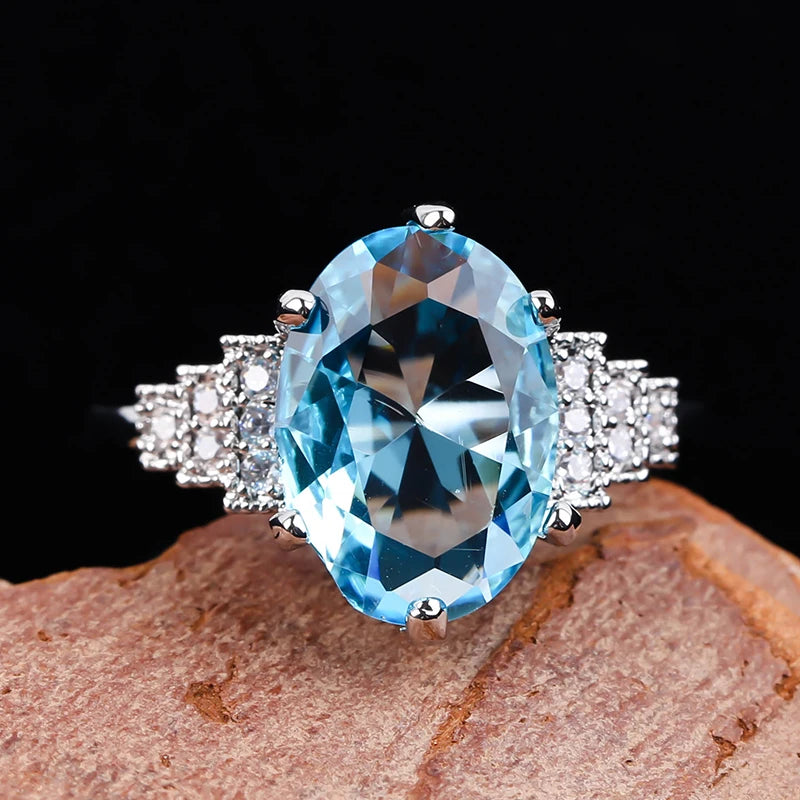 Fashion Silver Plated Oval Water Blue Glass Filled Rings Engagement Ring for Women Accessories Female Wedding Jewelry Gift