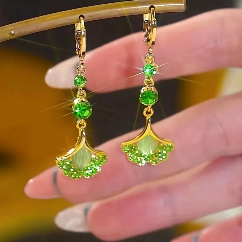 Exquisite Green Rhinestone Opal Tassel Earrings for Women Fashion Beautiful Daily Accessories Party Jewelry Gifts for Girlfriend