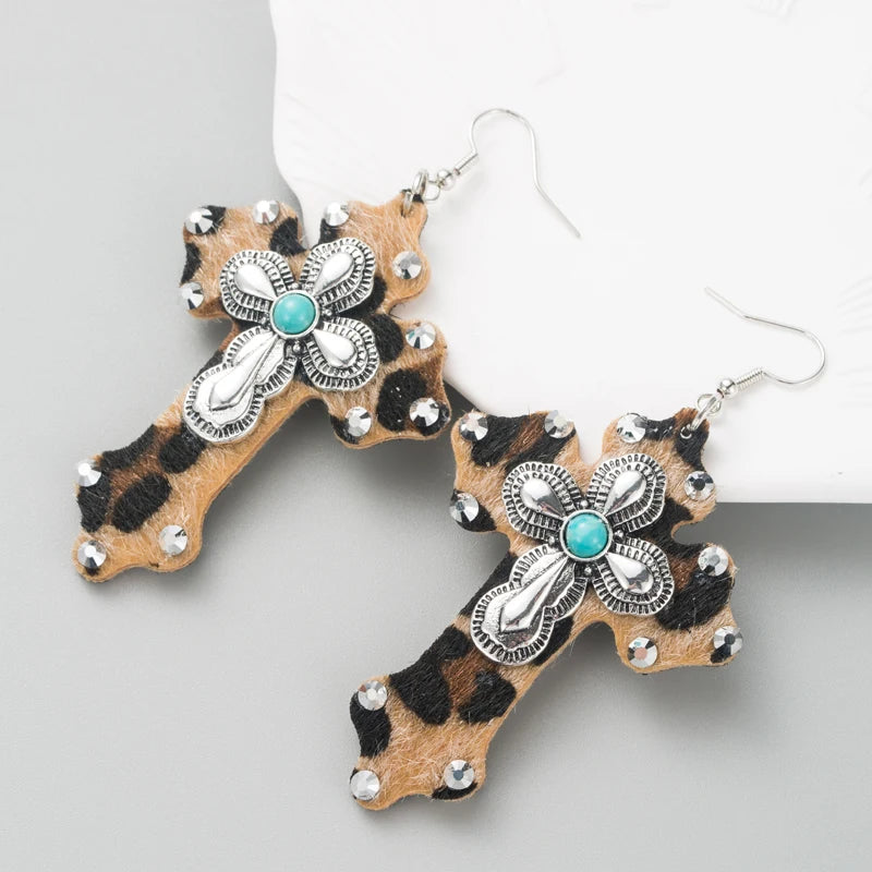 Hot Selling Earrings, European and American Trends, Leopard Print Leather Cross eEarrings, Alloy Set With Turquoise Earrings