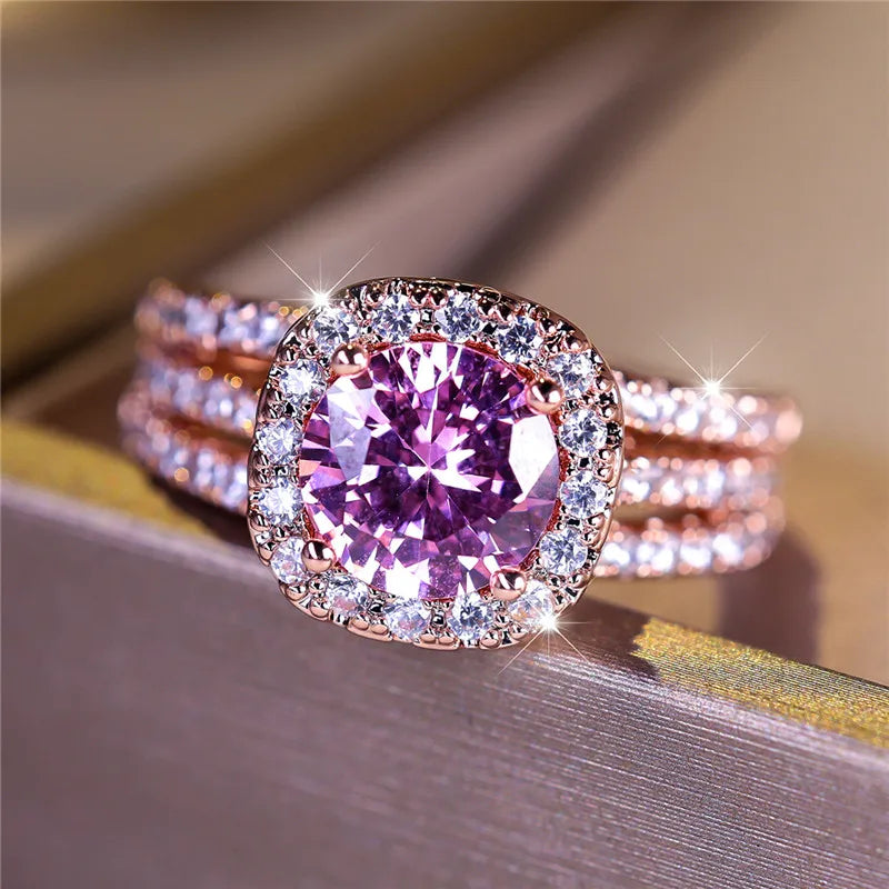 Luxury Female Small Pink Round Zircon Stone Engagement Ring Trendy Rose Gold Color Bride Wedding Jewelry Gift For Women
